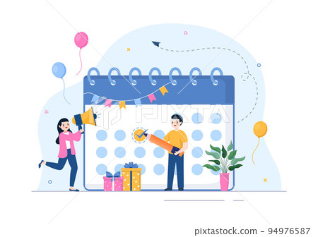 Event Planner Template Hand Drawn Cartoon Flat Illustration with Planning Schedule, Time Management, Business Agenda and Calendar Concept 94976587