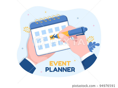 Event Planner Template Hand Drawn Cartoon Flat Illustration with Planning Schedule, Time Management, Business Agenda and Calendar Concept 94976591