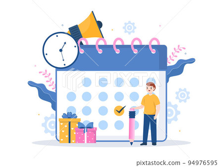 Event Planner Template Hand Drawn Cartoon Flat Illustration with Planning Schedule, Time Management, Business Agenda and Calendar Concept 94976595