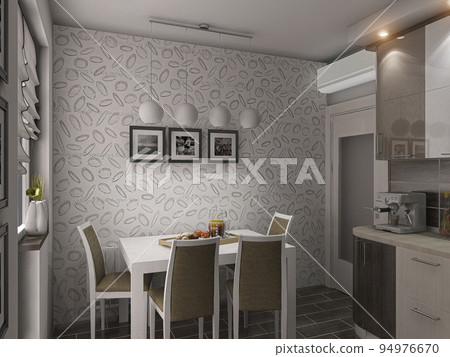 3d render of a modern kitchen in an city apartment. Kitchen interior design with brown woods cabinets 94976670