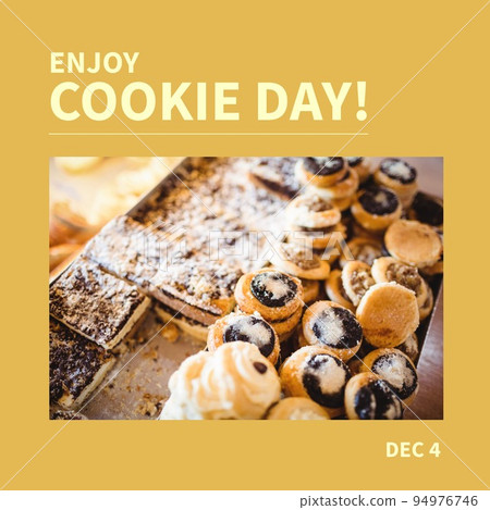 Composition of enjoy cookie day text over cookies on orange background 94976746