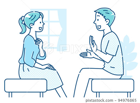 Young men and women having a conversation, blue... - Stock Illustration ...
