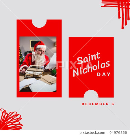 Composition of saint nicholas day text and santa claus at christmas with presents Composition of saint nicholas day text and santa claus at christmas with presents 94976866