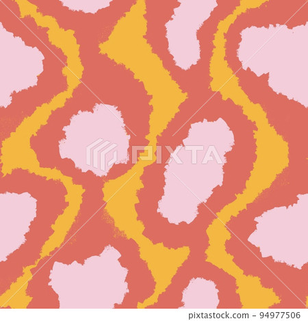 Hand drawn seamless pattern with geometric abstract shapes in red orange yellow colors. Mid century modern background for fabric print wallpaper wrapping paper. Contemporary trendy fluid design. 94977506