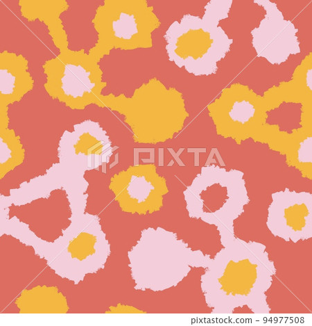 Hand drawn seamless atomic pattern with geometric abstract shapes in red orange yellow colors. Mid century modern background for fabric print wallpaper wrapping paper. Contemporary trendy fluid design 94977508