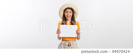 Woman holding blank card. Isolated on white background smiling female portrait Woman holding blank card. Isolated on white background smiling female portrait 94978424