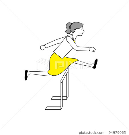 Illustration of a business woman jumping over hurdles (white background, vector, clipping) 94979065