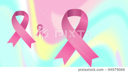 Image of pink ribbon over pink, yellow, blue and green pastel waves 94979066