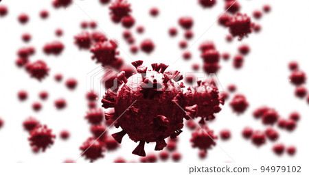 Digital image of multiple red covid-19 cells floating against white background Digital image of multiple red covid-19 cells floating against white background 94979102