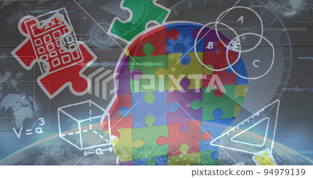Image of colourful puzzle pieces and mathematical equations 94979139
