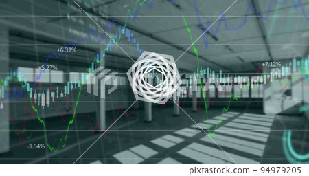 Abstract hexagonal shape over financial and stock market data processing against empty office 94979205