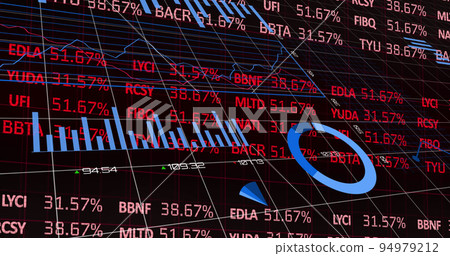 Image of statistics and data processing over stock market on black background 94979212