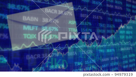 Financial and stock market data processing against white envelope on blue background 94979319