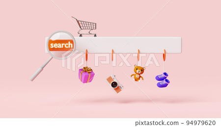 magnifying glass with blank search bar,shopping cart,teddy bear,camera,gift box,shoe isolated on pink background,web search engine,web browsing,online shopping concept,3d illustration or 3d render 94979620
