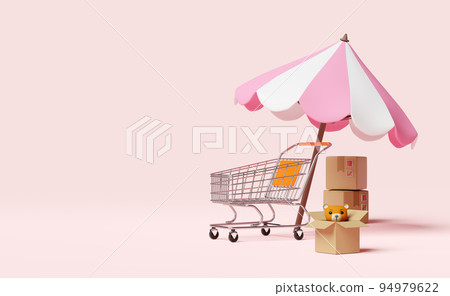 stainless steel shopping cart with goods cardboard box,umbrella,teddy bear isolated on pink background.online shopping summer sale concept,3d illustration or 3d render 94979622