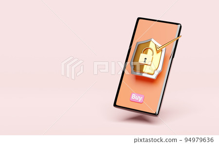 orange mobile phone or smartphone with golden shield,buy label tag isolated on pink background.Internet security or privacy protection or ransomware protect concept,3d illustration or 3d render 94979636