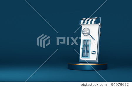 mobile phone or smartphone store front with cylinder podiumin isolated on blue background ,pedestal showcase for modern,online shopping or search data concept,3d illustration or 3d render mobile phone or smartphone store front with cylinder podiumin isolated on blue background ,pedestal showcase for modern,online shopping or search data concept,3d illustration or 3d render 94979652