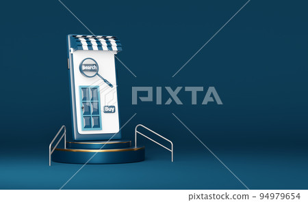 mobile phone or smartphone store front with cylinder podiumin,handrail isolated on blue background ,pedestal showcase for modern,online shopping or search data concept,3d illustration or 3d render mobile phone or smartphone store front with cylinder podiumin,handrail isolated on blue background ,pedestal showcase for modern,online shopping or search data concept,3d illustration or 3d render 94979654