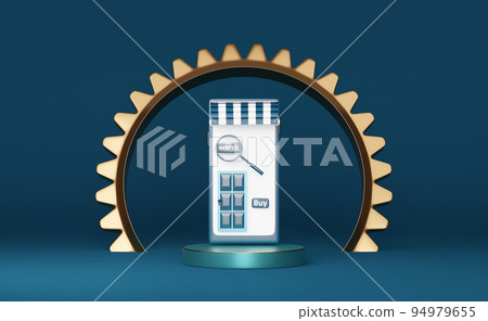 mobile phone or smartphone store front with cylinder podiumin,gear isolated on blue background ,pedestal showcase for modern,online shopping or search data concept,3d illustration or 3d render mobile phone or smartphone store front with cylinder podiumin,gear isolated on blue background ,pedestal showcase for modern,online shopping or search data concept,3d illustration or 3d render 94979655