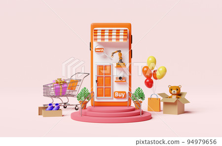 stage podium with orange mobile phone or smartphone store front,balloon,cart,paper bags,goods cardboard box,shopping paper bags,online shopping summer sale concept, 3d illustration or 3d render 94979656