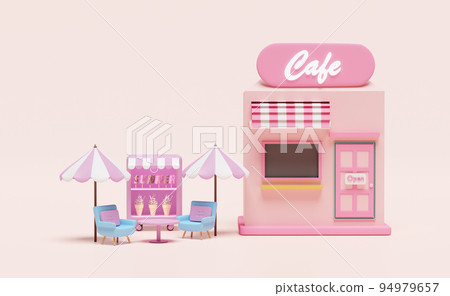 shop store cafe with ice cream showcases or fridge,coffee table, umbrella isolated on pink background,3d illustration or 3d render shop store cafe with ice cream showcases or fridge,coffee table, umbrella isolated on pink background,3d illustration or 3d render 94979657