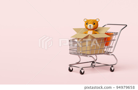 teddy bear with goods cardboard box,shopping cart isolated on pink background.online shopping concept,3d illustration or 3d render teddy bear with goods cardboard box,shopping cart isolated on pink background.online shopping concept,3d illustration or 3d render 94979658