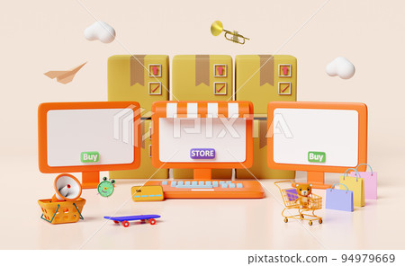 orange computer monitor with store front,cart,paper bags,goods cardboard box,credit card,megaphone,balloon,alarm clock isolated on pink.online shopping,search data concept,3d illustration or 3d render 94979669