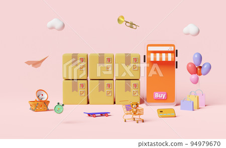orange mobile phone,smartphone with store front,cart,paper bags,goods cardboard box,credit card,megaphone,balloon isolated on pink.online shopping,search data concept,3d illustration or 3d render orange mobile phone,smartphone with store front,cart,paper bags,goods cardboard box,credit card,megaphone,balloon isolated on pink.online shopping,search data concept,3d illustration or 3d render 94979670