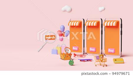 orange mobile phone,smartphone with store front,search label tag,magnifying,cart,paper bags,skateboard,credit card isolated on pink.online shopping,search data concept,3d illustration or 3d render orange mobile phone,smartphone with store front,search label tag,magnifying,cart,paper bags,skateboard,credit card isolated on pink.online shopping,search data concept,3d illustration or 3d render 94979671