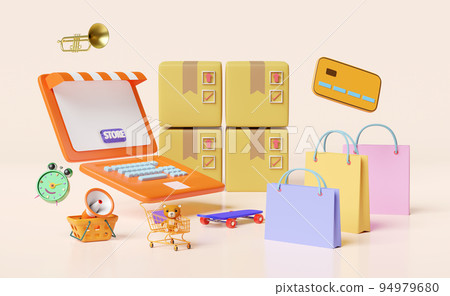orange computer monitor with store front,cart,paper bags,goods cardboard box,credit card,megaphone,balloon,alarm clock isolated on pink.online shopping,search data concept,3d illustration or 3d render orange computer monitor with store front,cart,paper bags,goods cardboard box,credit card,megaphone,balloon,alarm clock isolated on pink.online shopping,search data concept,3d illustration or 3d render 94979680