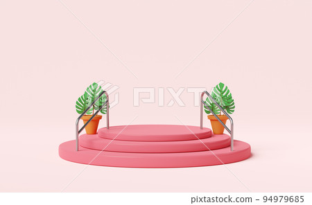 stage podium empty with stairs,handrail,leaf monstera in pink composition for modern stage display and minimalist mockup ,abstract showcase background ,Concept 3d illustration or 3d render stage podium empty with stairs,handrail,leaf monstera in pink composition for modern stage display and minimalist mockup ,abstract showcase background ,Concept 3d illustration or 3d render 94979685