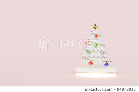 Christmas tree with snow and ornaments isolated on pink for modern stage display and minimalist mockup ,Concept Christmas and a festive New Year, 3d illustration or 3d render 94979838
