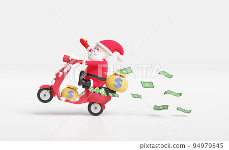 cartoon santa claus with scooter transport bag money,banknote isolated on pink background.Quick credit approval or loan approval concept isolated on white background,3d illustration or 3d render 94979845