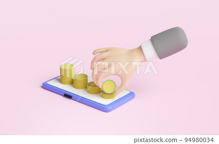 cartoon character businessman hands holding coin with mobile phone or smartphone, pile stacked coin isolated on pink.online shopping,saving money,business growth concept,3d illustration or 3d render 94980034