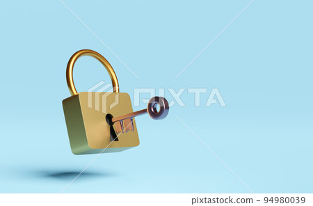 golden lock and copper key space isolated on blue background.concept 3d illustration or 3d render 94980039
