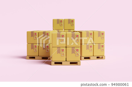stacked goods cardboard box with pallet,space isolated on pink background.concept 3d illustration or 3d render stacked goods cardboard box with pallet,space isolated on pink background.concept 3d illustration or 3d render 94980061