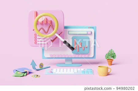 computer with charts and graph, analysis business financial data,dollar coins, Online marketing isolated on pink pastel background ,3d illustration or 3d render computer with charts and graph, analysis business financial data,dollar coins, Online marketing isolated on pink pastel background ,3d illustration or 3d render 94980202