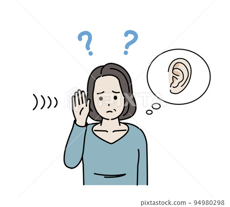 一位中年婦女，聽力下降，聽不見，耳聾，耳聾，症狀，插圖 94980298
