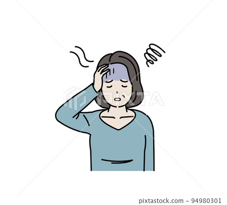 Anemia, dizziness, middle-aged woman suffering from dizziness, illness, symptoms, dizziness, illustration 94980301
