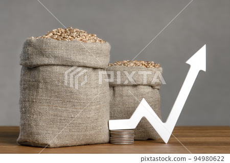 World food crisis. Grains of wheat, close-up. Grain harvest, poor harvest. Wheat price, futures, derivatives, contracts. World food crisis. Grains of wheat, close-up. Grain harvest, poor harvest. Wheat price, futures, derivatives, contracts. 94980622
