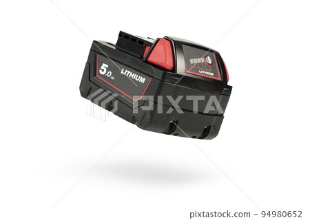 Batteries for cordless tools. Screwdriver battery. Batteries with charge indicator isolated on white background with shadow Batteries for cordless tools. Screwdriver battery. Batteries with charge indicator isolated on white background with shadow 94980652