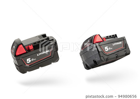 Batteries for cordless tools. Screwdriver battery. Batteries with charge indicator isolated on white background with shadow Batteries for cordless tools. Screwdriver battery. Batteries with charge indicator isolated on white background with shadow 94980656