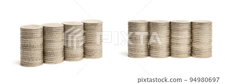 Stacks of coins on a white isolated background. 2 euro coins in a stack. Stacks of coins on a white isolated background. 2 euro coins in a stack. 94980697