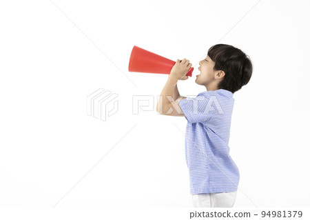 Korean young boy wearing summer blue half sleeve shirt in white background studio_shouting on the loudspeaker Korean young boy wearing summer blue half sleeve shirt in white background studio_shouting on the loudspeaker 94981379