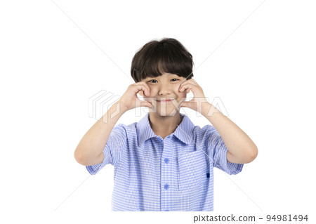 Korean young boy wearing summer blue half sleeve shirt in white background studio_heart hand motion 94981494