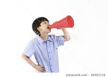Korean young boy wearing summer blue half sleeve shirt in white background studio_shouting on the loudspeaker Korean young boy wearing summer blue half sleeve shirt in white background studio_shouting on the loudspeaker 94981516