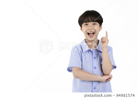 Korean young boy wearing summer blue half sleeve shirt in white background studio_aha, my goodness hand motion 94981574