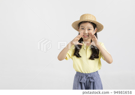 Korean young girl wearing gym clothes in white background studio__hooray hand motion Korean young girl wearing gym clothes in white background studio__hooray hand motion 94981658