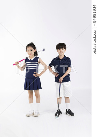 Korean boy and girl_fitness and exercise concept in white background__swinging golf club Korean boy and girl_fitness and exercise concept in white background__swinging golf club 94981934