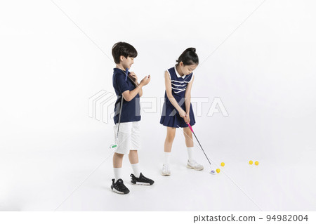 Korean boy and girl_fitness and exercise concept in white background__cheer for one's golfing friend Korean boy and girl_fitness and exercise concept in white background__cheer for one's golfing friend 94982004